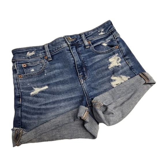 American Eagle Outfitters Pants - American Eagle Shortie Short Womens Size 4 Hi Rise Blue Cuffed Distressed Denim